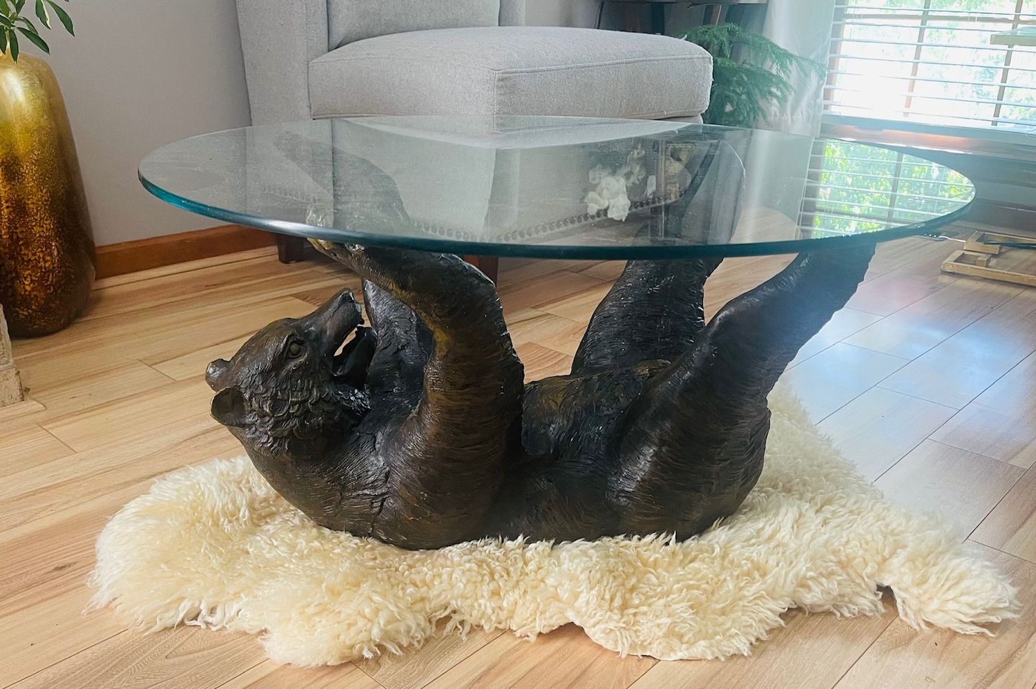 Vintage Bronze Bear Coffee Table with Glass Top