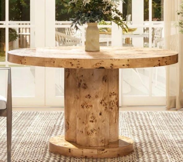 Custom Made to Order Round Burl Wood Dining Table with Round Burl Center Column Support  Made in USA