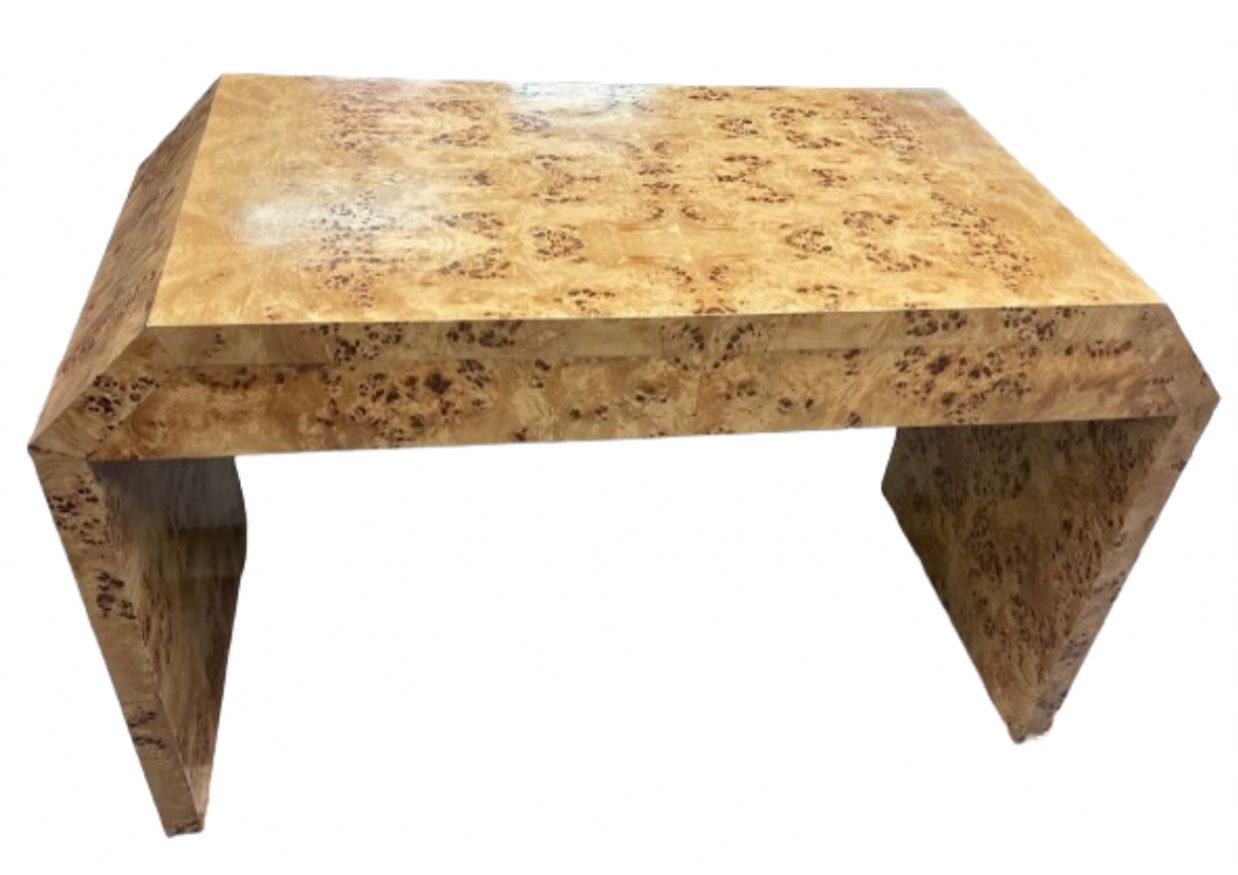 60" Wide x 32" Tall x 8" Deep Honey Burl Wood Console Table w/ Shelf & Beveled Corners