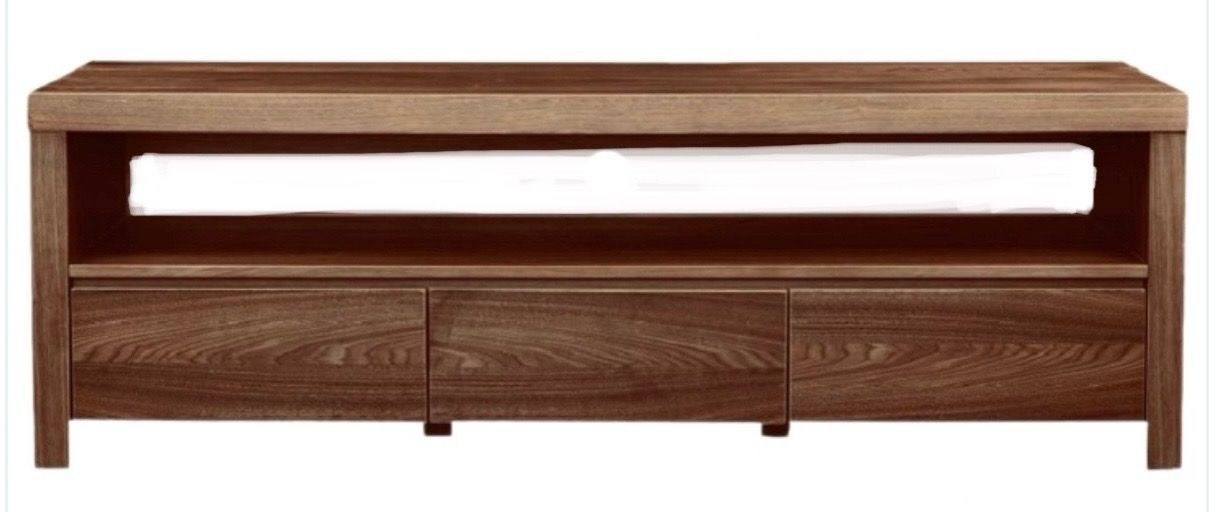 85" Wide x 30" Tall x 18" Deep Walnut Burl Wood Console Table w/ Open Shelf & 3 Bottom Drawers