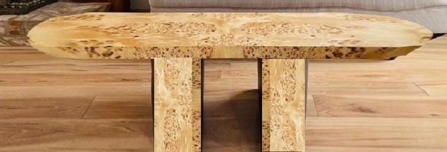 65" Wide x 27" Tall x 14" Deep Honey Burl Wood Console Table w/ Half Round Supports