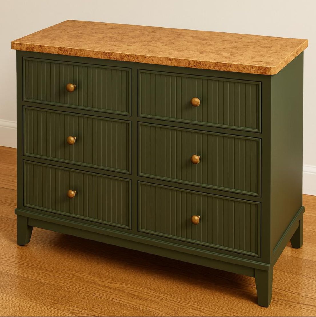 Custom Made Green Six Drawer Dresser w/ Honey Mappa Burl Top 70 Custom Made Green Six Drawer Dresser w/ Honey Mappa Burl Top 70" Wide x 18 Deep x  35" Tall  Made in USA