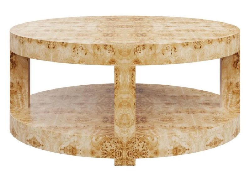 38" Round x 17" Honey Burl Wood Two Tier Coffee Table w/ Shelf  Made in USA