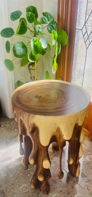 Hand Carved Teak Liquid End Table Dripping Plant Stand Organic Water Drop Stool
