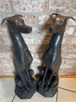 Set of Large Bronze Greyhound Sculptures Guard Dog Statues Pet Decor