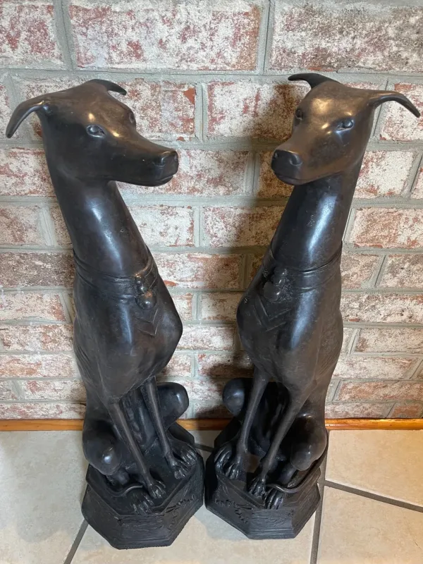Set of Large Bronze Greyhound Sculptures Guard Dog Statues Pet Decor