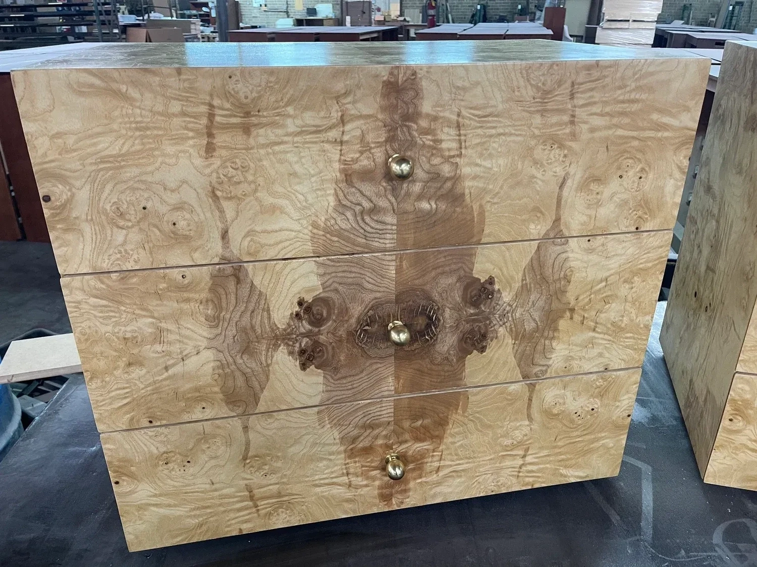 Custom Olive Ash Burl Cube 3 Drawer Nightstand Burl Wood End Table Made in USA. Size is 30" W x 26" H x 16" D