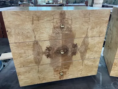 Custom Olive Ash Burl Cube 3 Drawer Nightstand Burl Wood End Table Made in USA. Size is 30" W x 26" H x 16" D