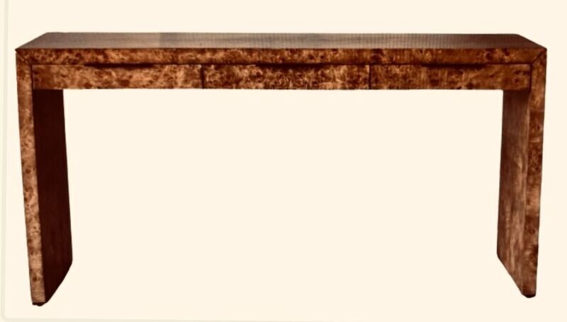 60 60" wide x 18" deep x 31" tall Custom Made to Order Elm Burl Wood Desk with solid oak panels with 3 drawers finished with VOC stain & finish Made in USA
