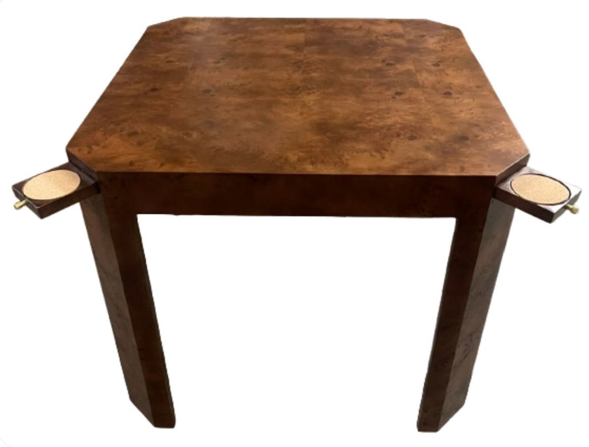 Genuine Burl Game Table w/ Corner Pullout Drink Coasters Made in USA
