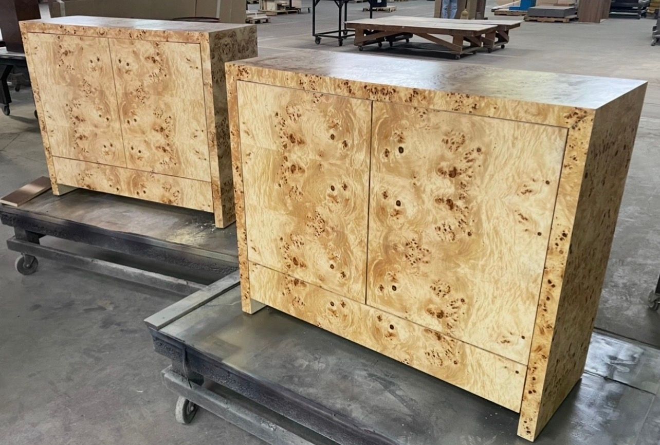 Matching Pair of Mappa Burl Cabinets w/ Two Doors & Single Lower Drawer Below 45 Matching Pair of Mappa Burl Cabinets w/ Two Doors & Single Lower Drawer Below 45" Wide x 16" Deep x 36" Tall Made in USA