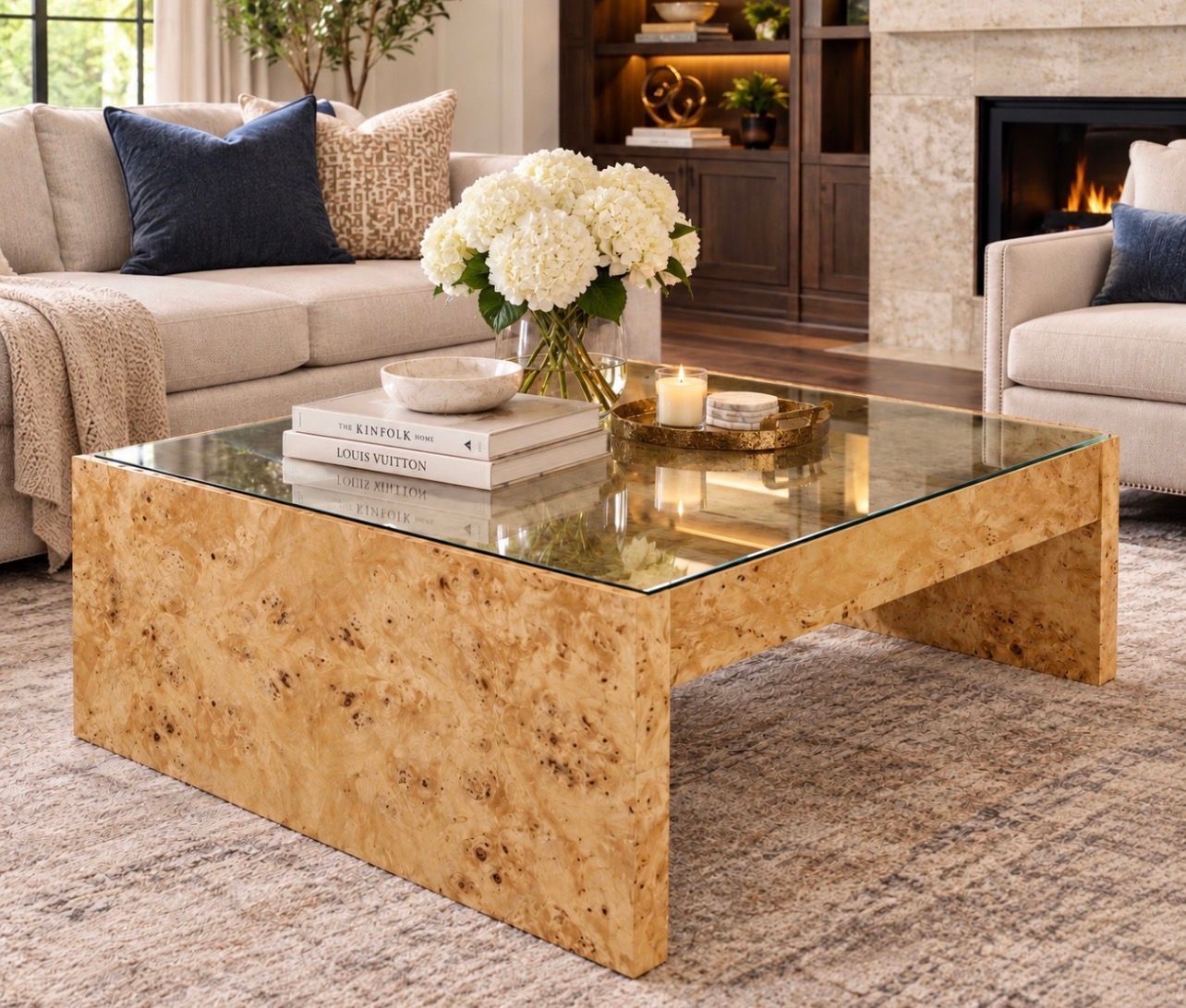 48 48"W X 18"H X 24"D Custom Stained Mappa Burl Coffee Table w/ Glass Top Made in America