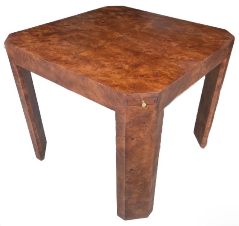 Genuine Elm Burl Game Table w/ Corner Pullout Drink Coasters & Drawers Made in USA Genuine Elm Burl Game Table w/ Corner Pullout Drink Coasters & Drawers Made in USA