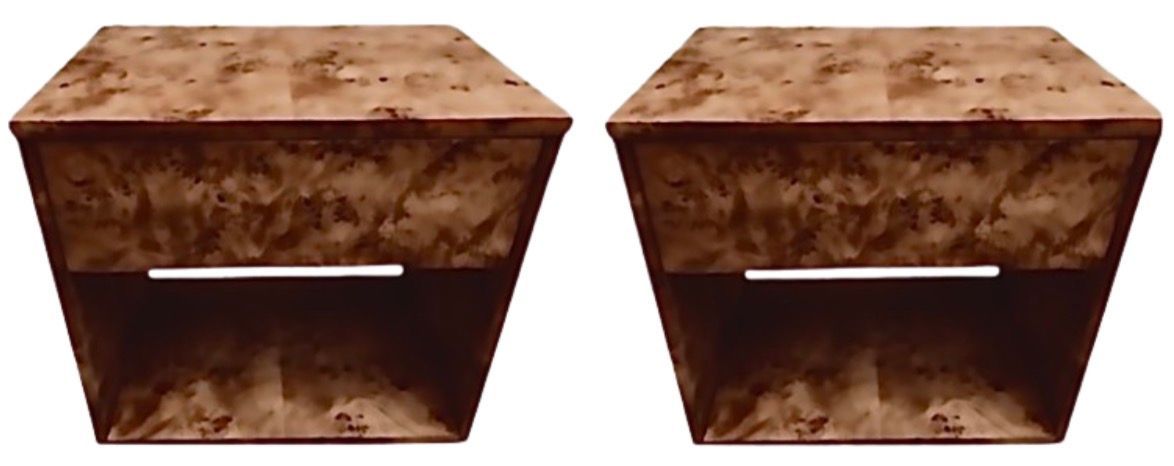 Pair of Custom Made to Order 24 Pair of Custom Made to Order 24" W x 24" H x 18" D Walnut Burl Nightstands with Single Top Drawer / Lower Cubby Shelf and Four Rounded Corners Made in USA