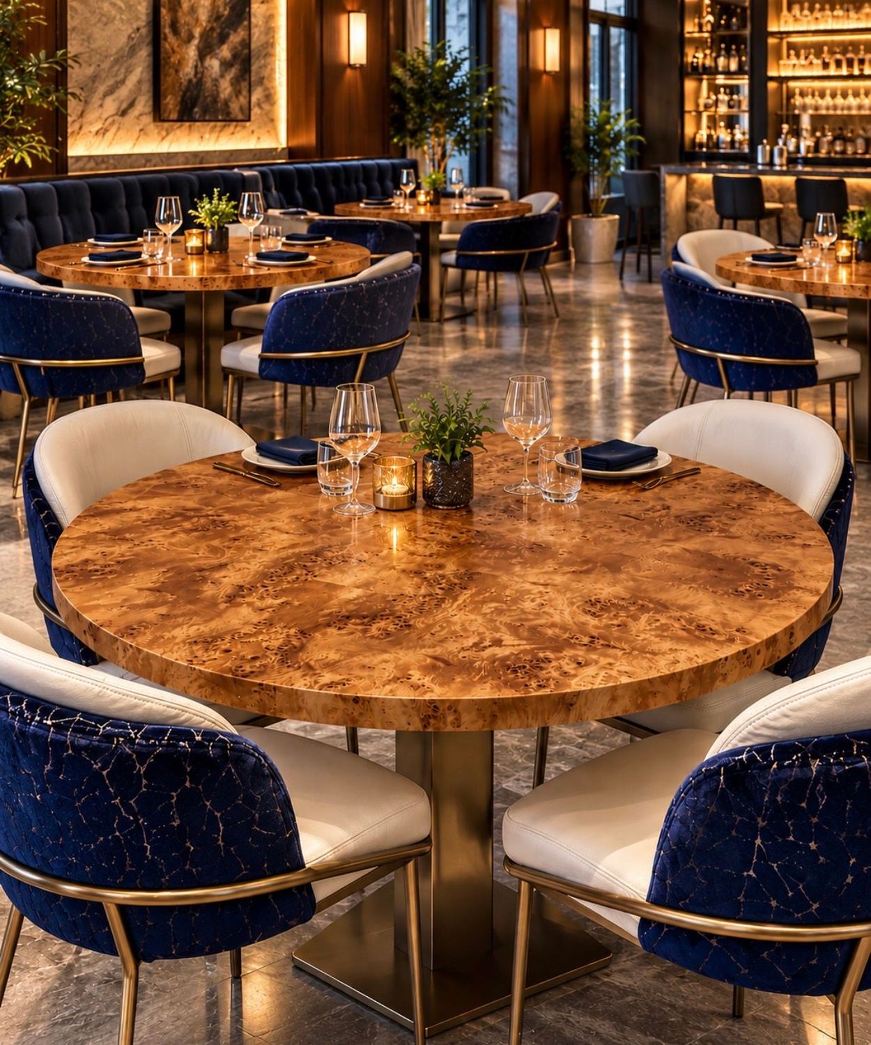 Custom Burl Wood Round Table Top, Restaurant Dining Tabletop, Hospitality & Commercial Furniture, Made in USA