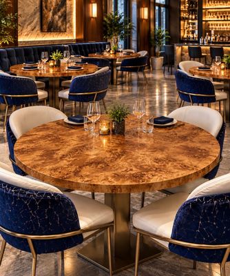 Custom Burl Wood Round Table Top, Restaurant Dining Tabletop, Hospitality & Commercial Furniture, Made in USA Custom Burl Wood Round Table Top, Restaurant Dining Tabletop, Hospitality & Commercial Furniture, Made in USA