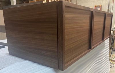 100" Wide x 23" Tall (15" Tall Doors) x 20" Deep Quartered Walnut Vanity Cabinet w/ 5 Drawers w/ 3 Internal Drawers. Thin Drawer Front Molding