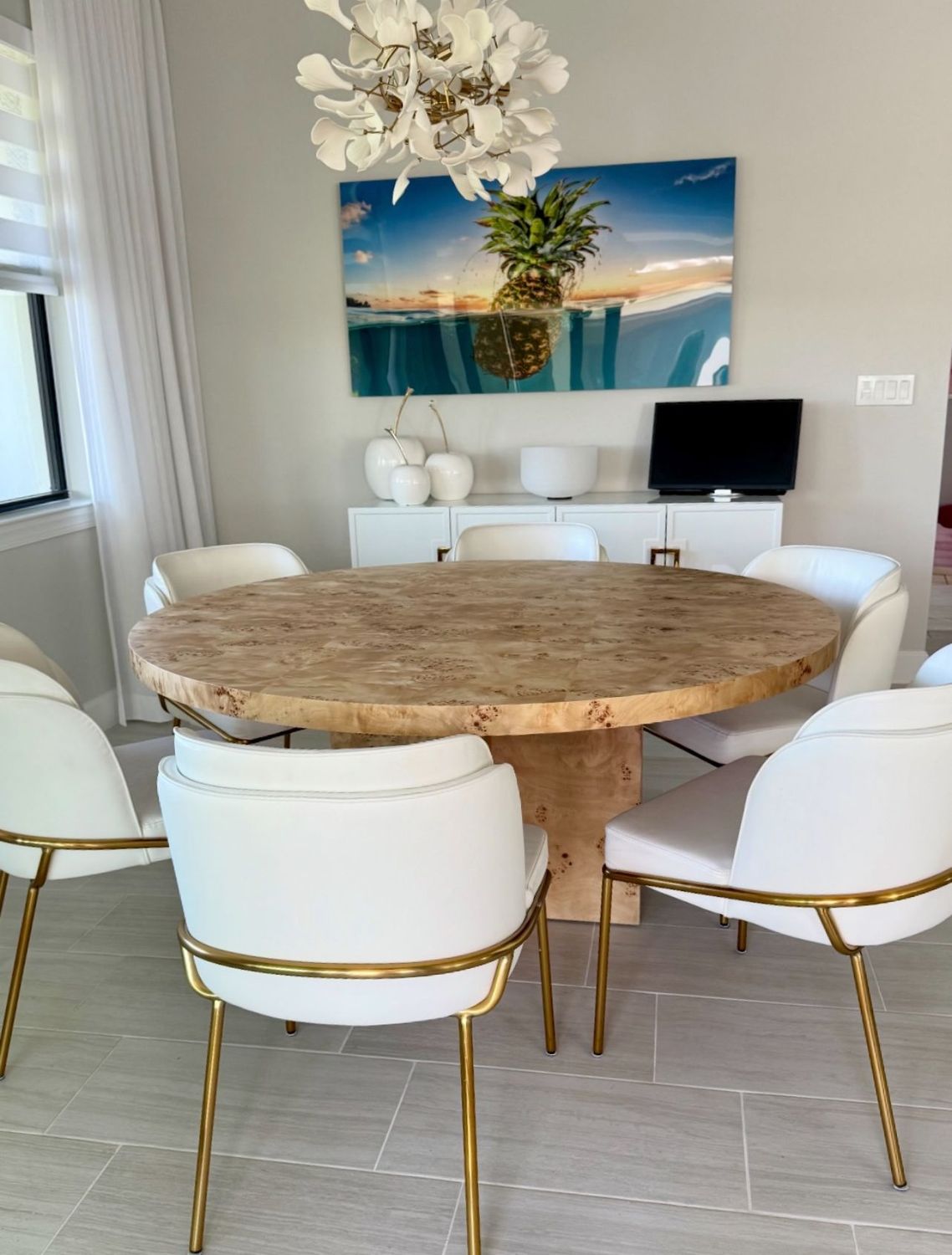 58" Round x 30" Tall Caramel Burl Wood Dining Table w/ Round Burl Base
