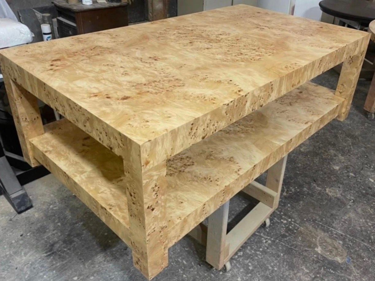 60" x 40" x 18" Honey Mappa Burl Wood Coffee Table w/ Shelf Made in USA