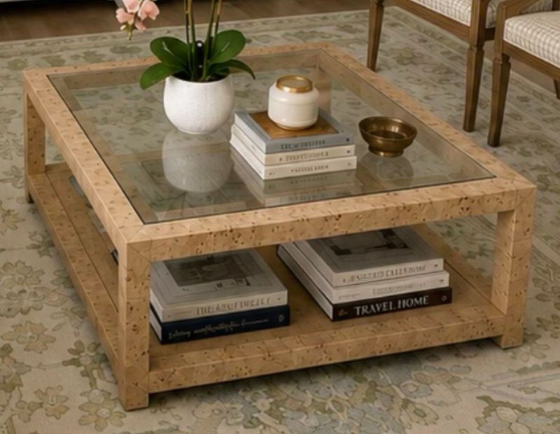 39 39" Square x 16-1/2" Tall Honey Mappa Burl Wood Coffee Table w/ Glass Top Made in USA