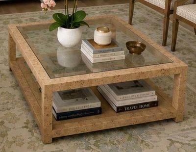 39 39" Square x 16-1/2" Tall Honey Mappa Burl Wood Coffee Table w/ Glass Top Made in USA