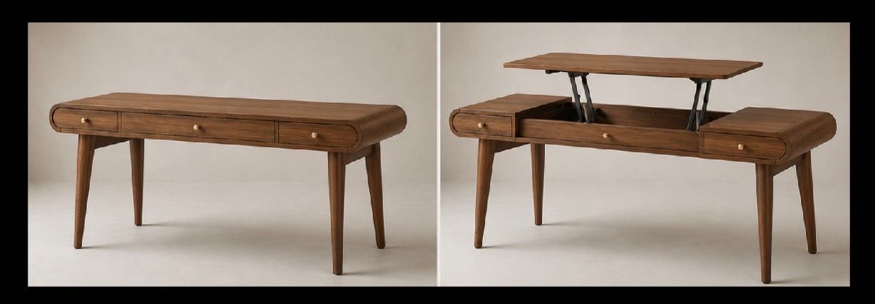 72" Wide x 28" Deep x 30" Tall  Burl Wood Console Table w/ Adjustable Top and Rounded Ends