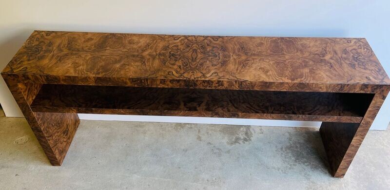 Custom Made to Order 68" wide x 18" deep x 31" tall Walnut Burl Wood Console with Shelf