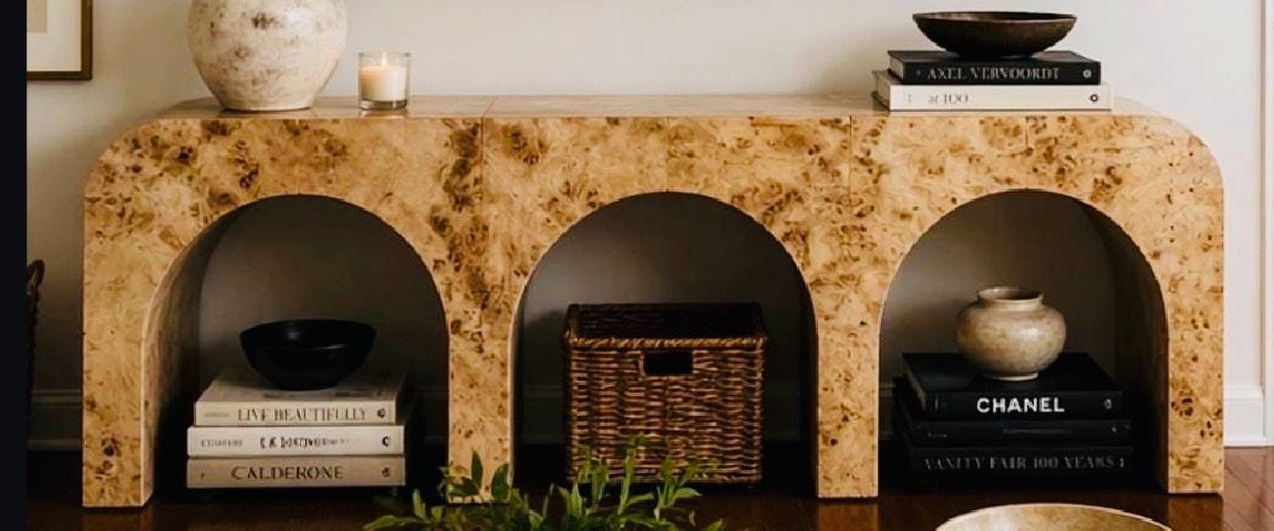 80 80"W X 16"D X 36" H Genuine Honey Mappa Burl Wood Waterfall Sofa Table w/ 3 Arches