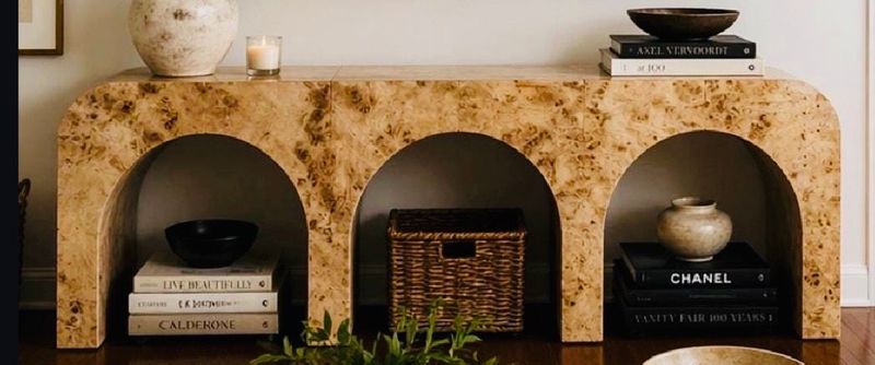 80"W X 16"D X 36" H  Genuine Honey Mappa Burl Wood Waterfall Sofa Table w/ 3 Arches