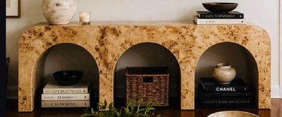 80 80"W X 16"D X 36" H Genuine Honey Mappa Burl Wood Waterfall Sofa Table w/ 3 Arches