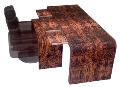 80 80"W X 30"D X 30" H Genuine Walnut Burl Wood Waterfall Desk w/ 3" Thick Edges and Self Closing Push Open Drawers