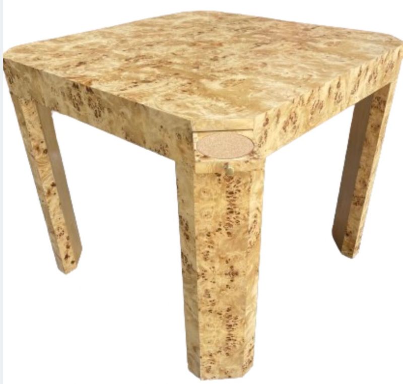 Pair of 40" Square Honey Burl Game Tables w/ Corner Pullout Drink Coasters Made in USA
