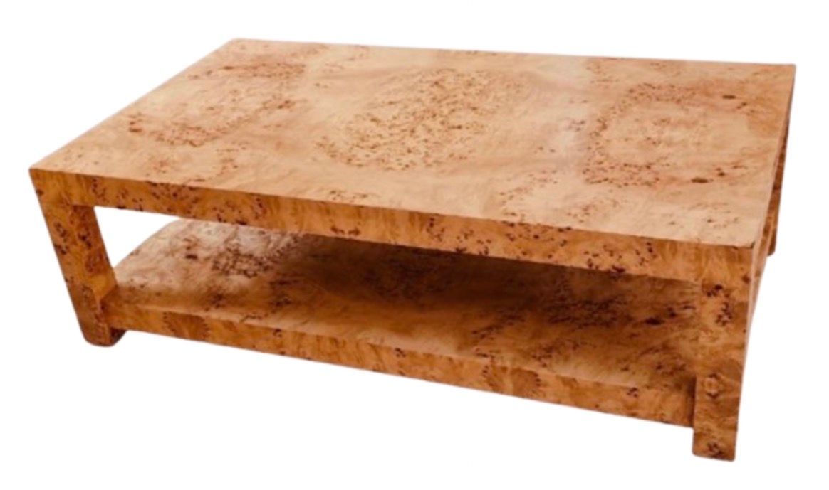 50 50"W x 42"D x 18"H Caramel Mappa Burl Wood Coffee Table w/ Lower Shelf Made in USA