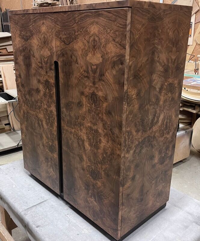 Custom 60 Custom 60" Tall x 16" Deep 42" Wide Walnut Burl Wood Cabinet w/ 7-1/2" Plinth & 2 Two Shelves