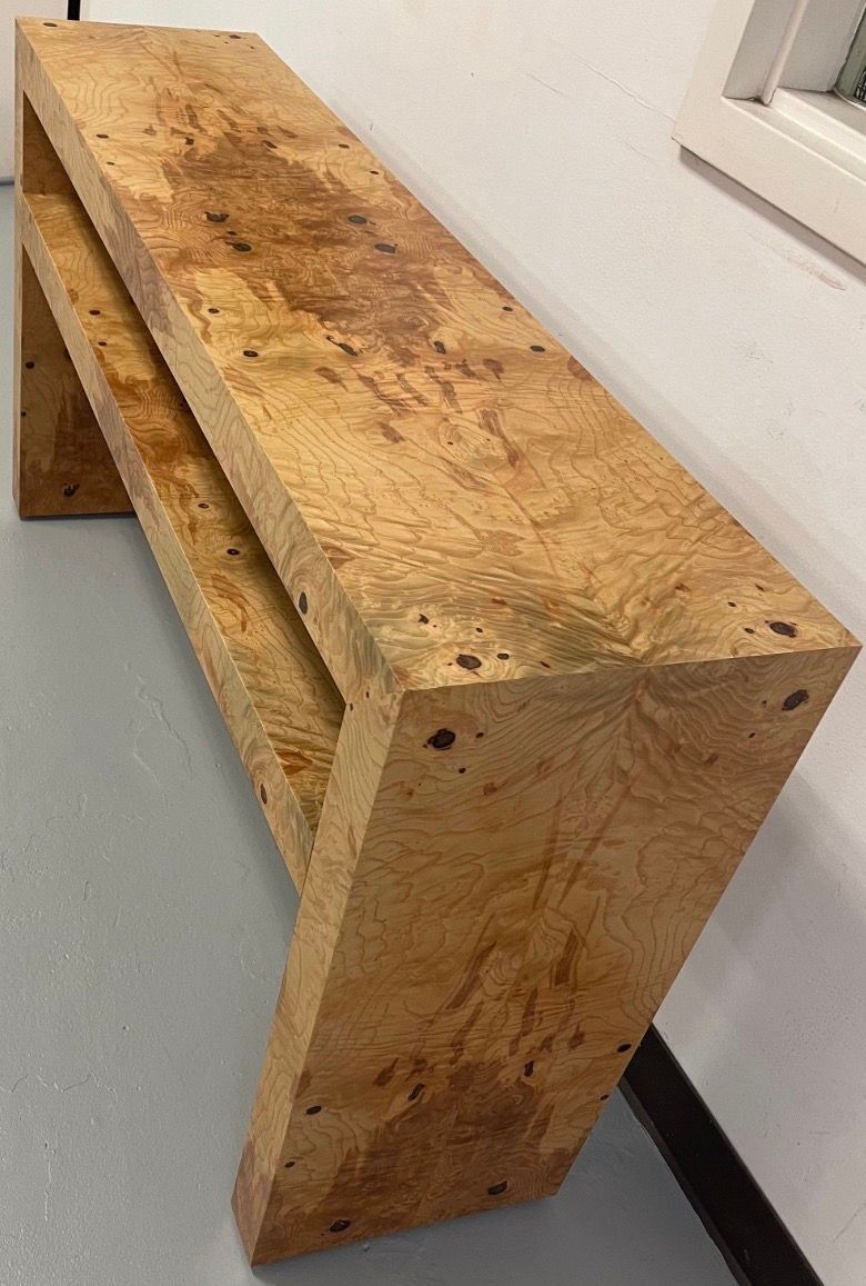 Custom 96 Custom 96" wide x 14" deep x 24" tall Olive Ash Burl Wood Console with Shelf