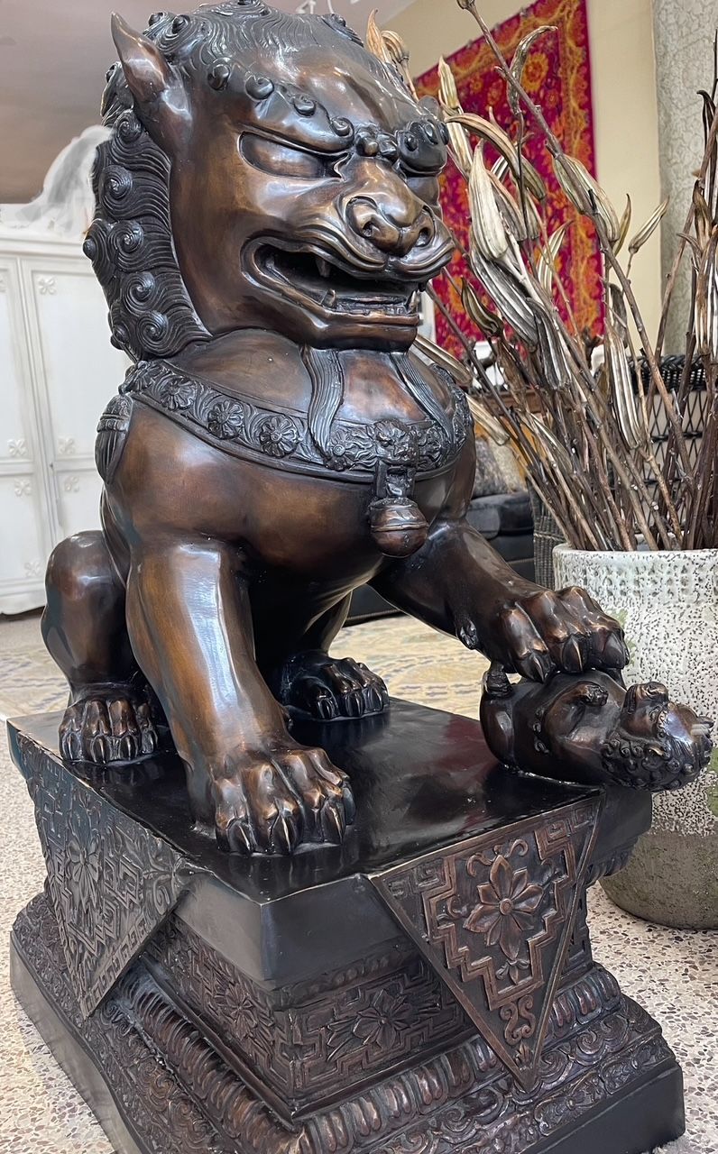 Pair of Large Bronze Foo Dogs Asian Sculptures: Guard Dog Statues, Feng Shui Art Fu Dogs