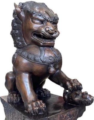 Pair of Large Bronze Foo Dogs Asian Sculptures: Guard Dog Statues, Feng Shui Art Fu Dogs