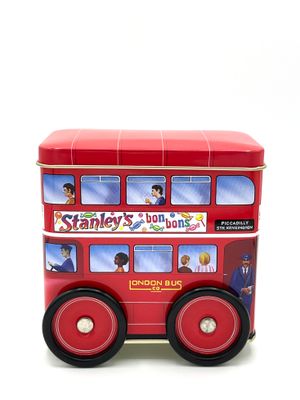Vintage-Konfektdose (leer) als Sparbüchse - Doppeldecker Bus