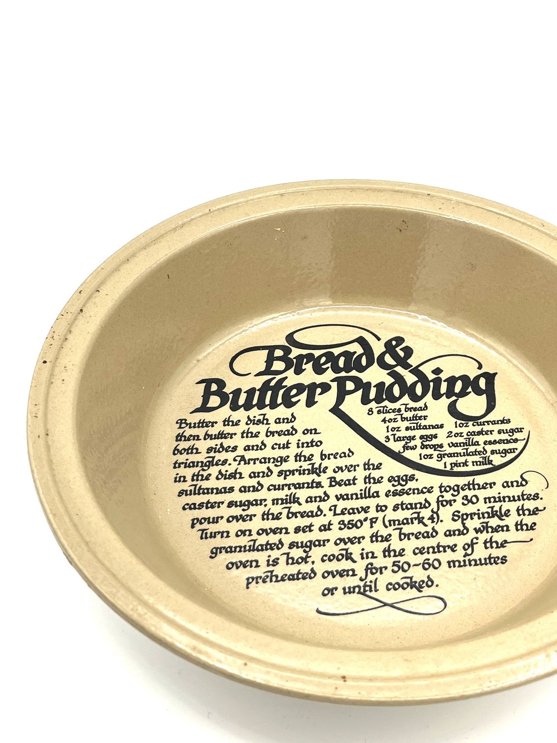 Englische Auflaufform mit Rezeptdruck „Bread &amp; Butter Pudding“