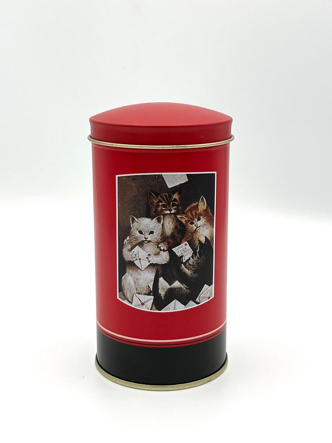 Kleine Spardose aus Blech mit verspielten Katzen