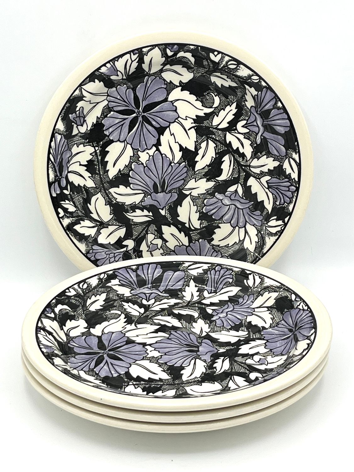 Kuchenteller mit floralen Elementen in Schwarz, Weiß und Lavendellila - 4er Set