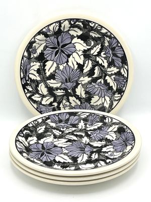 Kuchenteller mit floralen Elementen in Schwarz, Weiß und Lavendellila - 4er Set