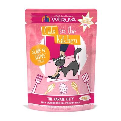Weruva Cat Slide & Serve Karate Kitty Grain Free Beef & Salmon pate pouch 3oz 12/Case