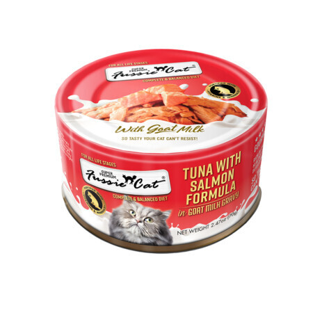 Fussie Cat Premium Tuna w/Salmon in Goats Milk can 2.47oz 24/Case