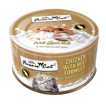 Fussie Cat Premium Chicken Beef in Goats Milk can 2.47oz 24/case
