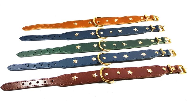 COLLAR DE PERRO DE PIEL VAQUETILLA CON ESTRELLAS EN ORO FINO