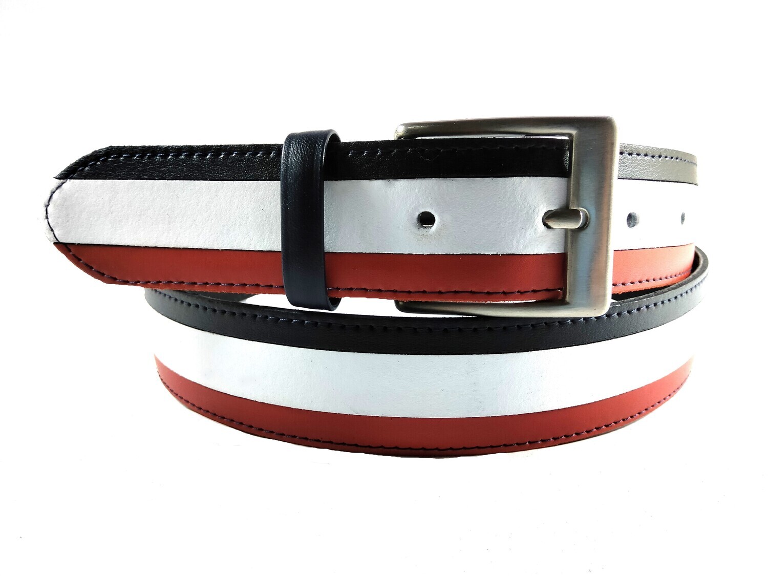 CINTURON DE PIEL TRES TIRAS COLOR AZUL MARINO BLANCO Y ROJO CON HEBILLA ZAMAK