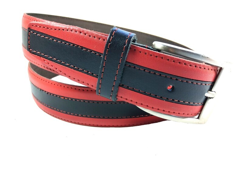 CINTURON DE PIEL ROJO COMBINADO CON AZUL MARINO