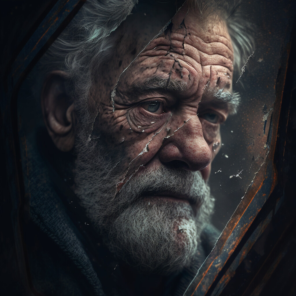 Old Man Self Reflecting in Mirror