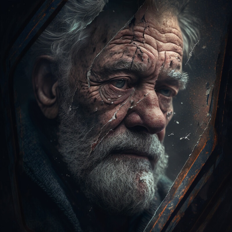 Old Man Self Reflecting in Mirror